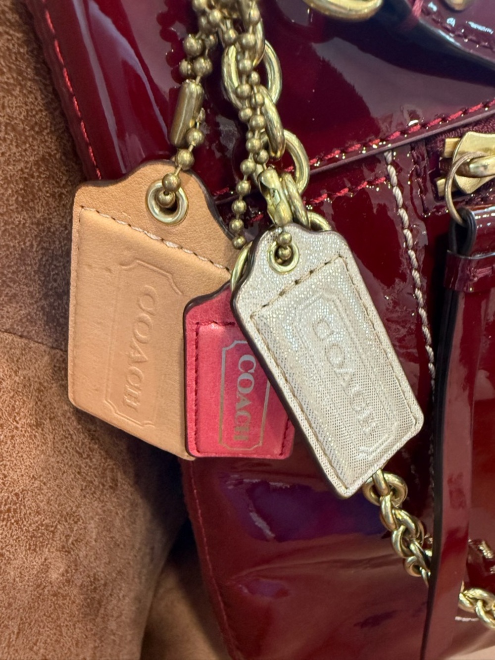 Patent Leather Chain-Trim Tote Bag in Deep Burgundy - Picture 3 of 7